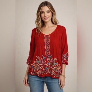 Johnny Was Embroidered Boho Blouse Red Floral Cupra Rayon Top Size S